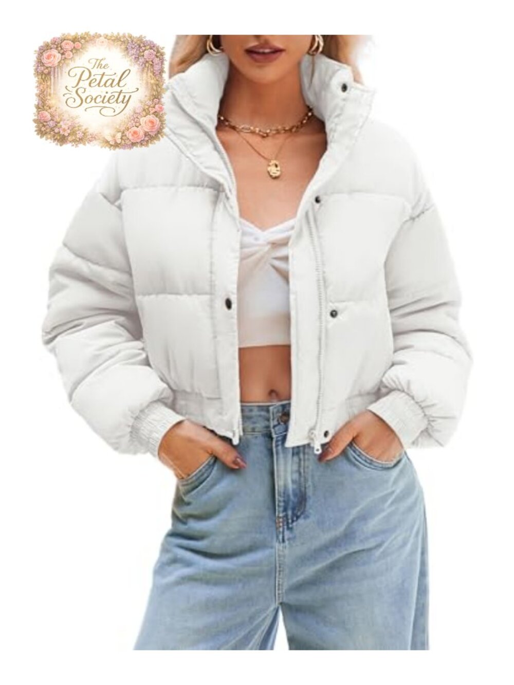 Womens Cropped Puffer Jacket Quilted Lightweight Zip Snap Winter Coat